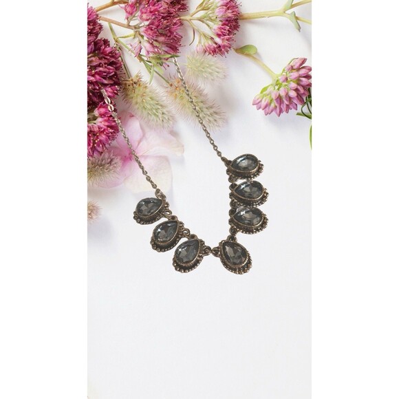 Smoky Gray Rhinestone Teardrop Bib Necklace Statement  Bronze Tone Chain Women - Picture 3 of 11
